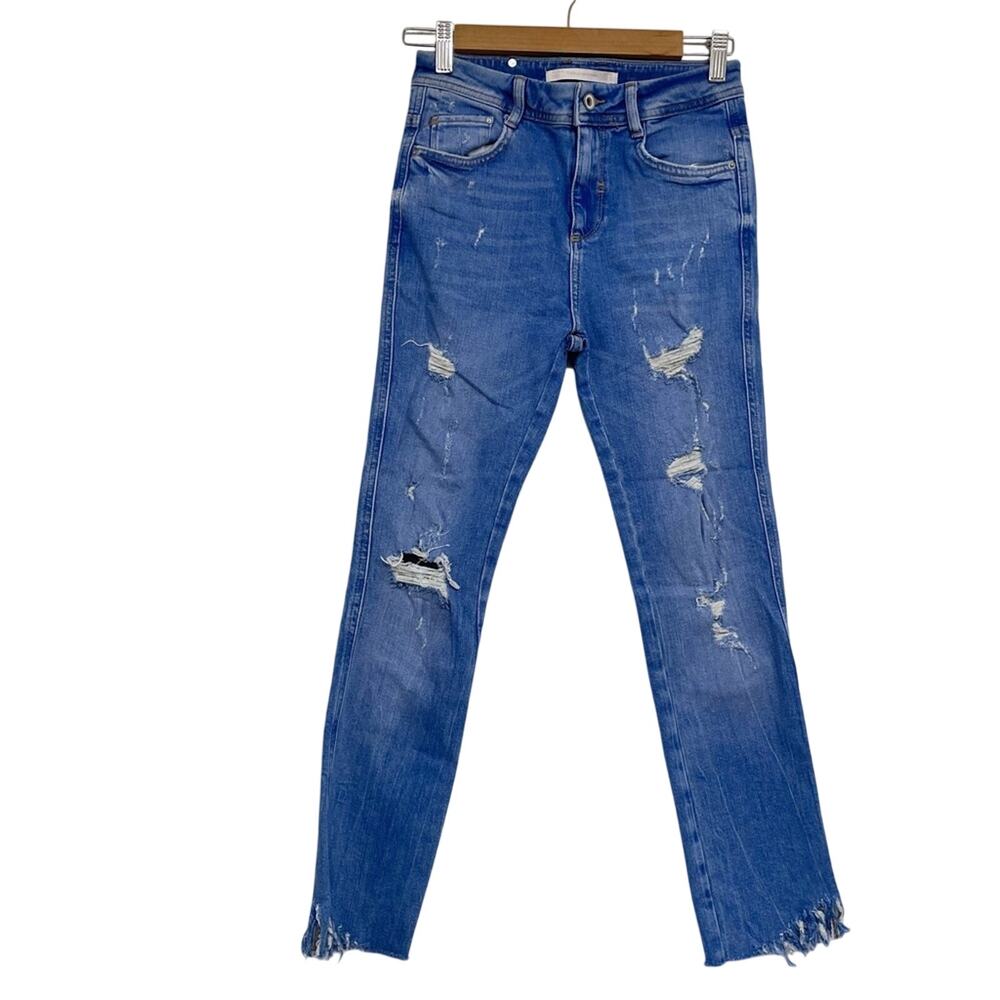 Zara Blue Distressed Raw Hem High Rise Skinny Jeans Womens 00 Zip Fly Classic